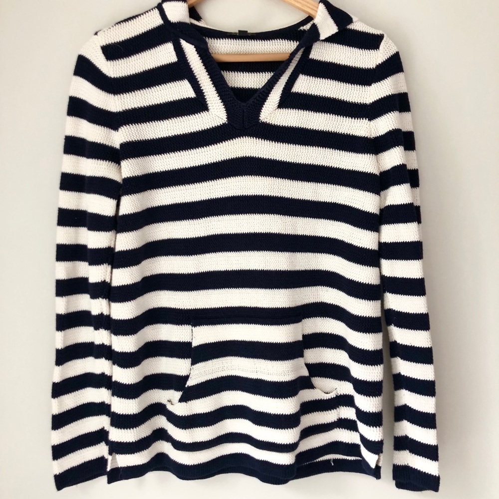 Talbots Navy Blue and White Striped Hooded Sweater